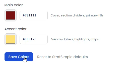 The custom color settings for the quarterly board report, with Main color and Accent color fields