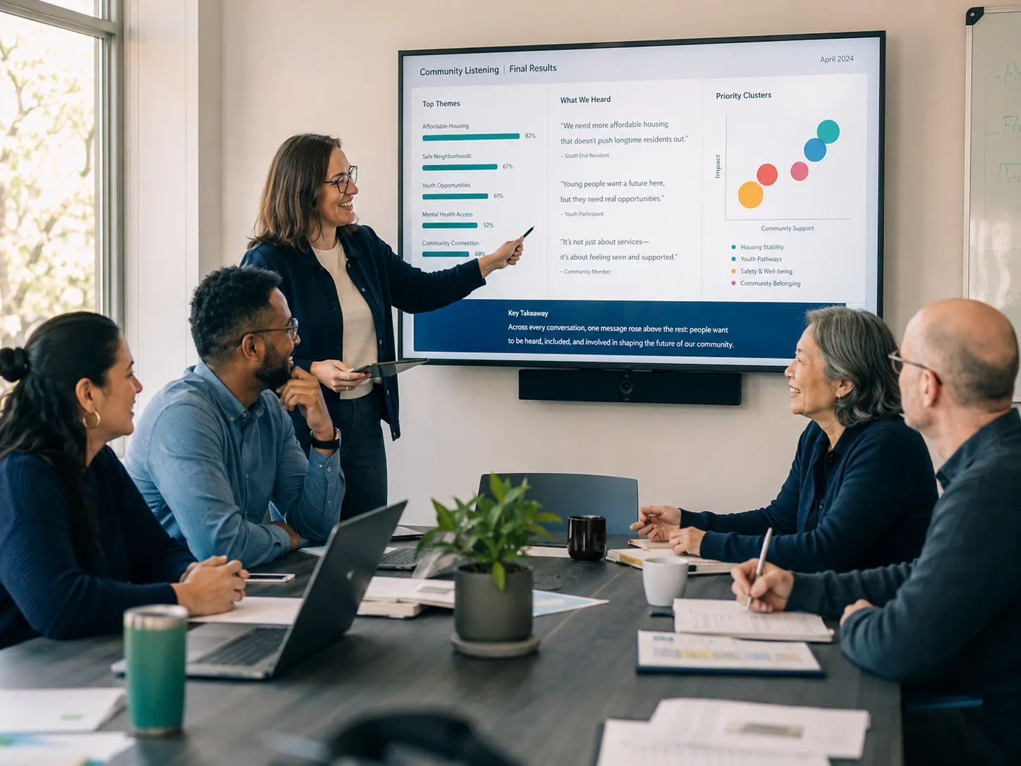 A team reviewing a community listening dashboard