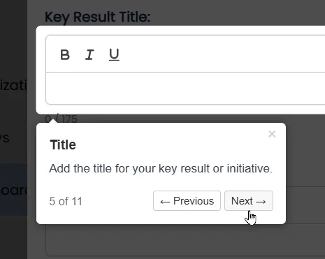 A Tour step tooltip highlighting a field, with Previous and Next buttons to move through the walkthrough