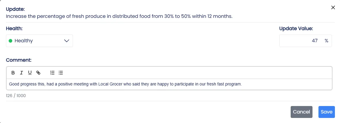 StratSimple update prompt: a goal owner sets health status to Healthy, enters 47 percent, and adds a progress comment
