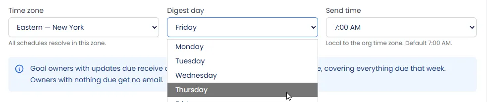 The Update Reminders settings, with Time zone, Digest day, and Send time dropdowns